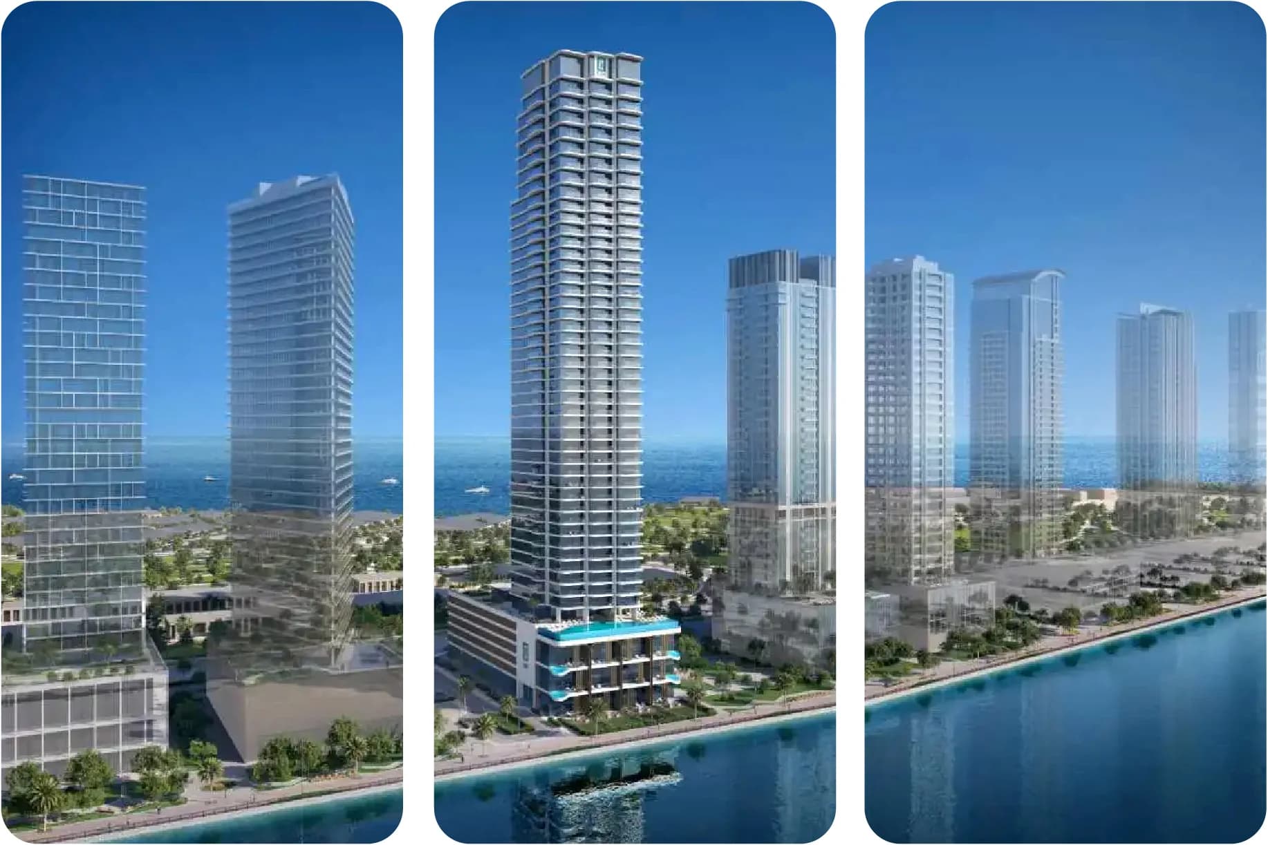 Aerial view of luxurious waterfront towers with a modern design