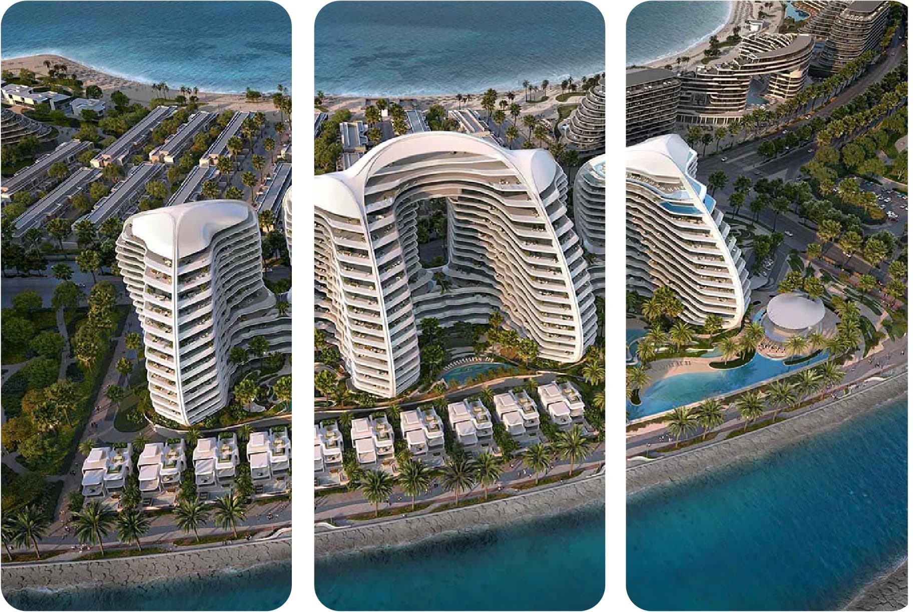 Aerial view of modern beachside residential towers with pools