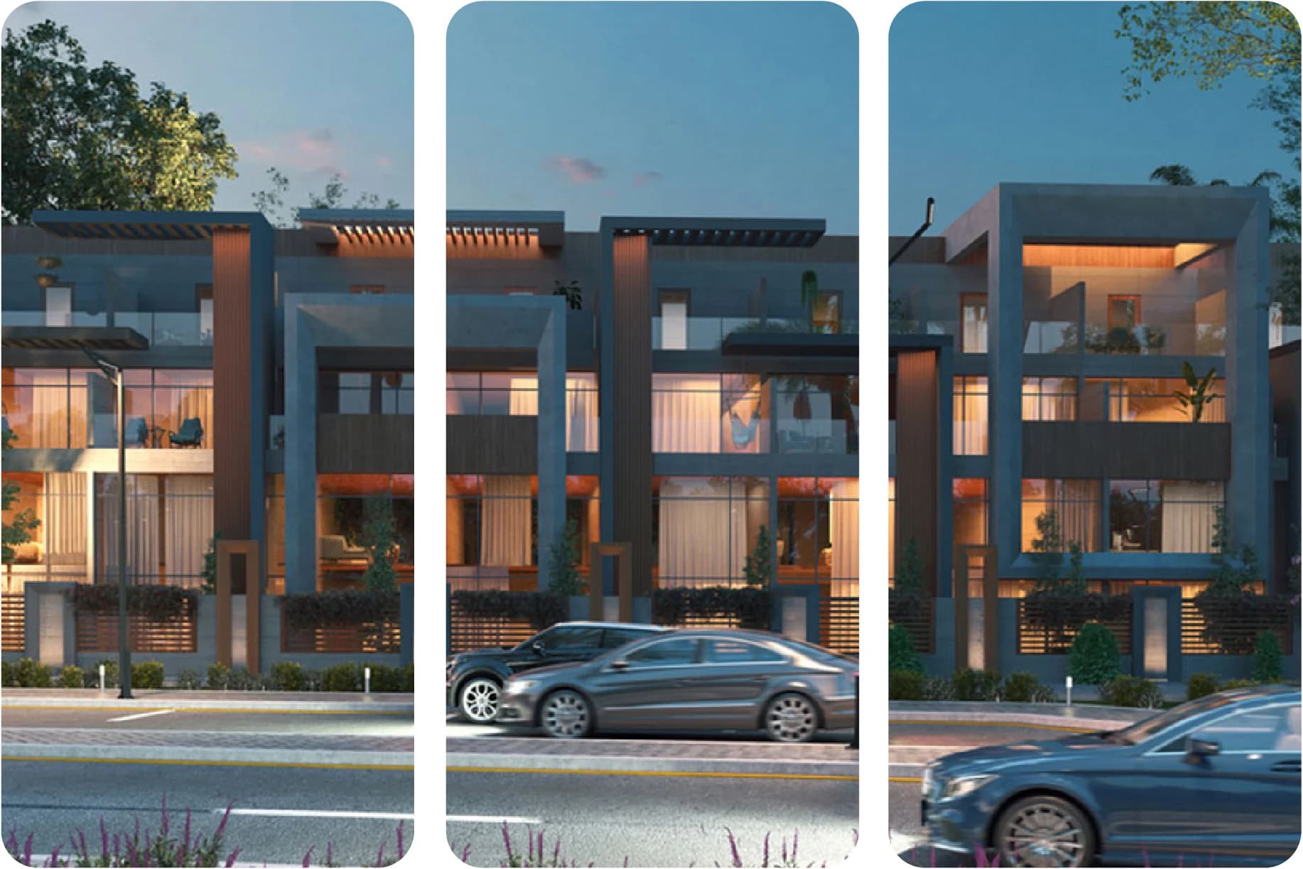 Contemporary townhouse exteriors with evening lighting