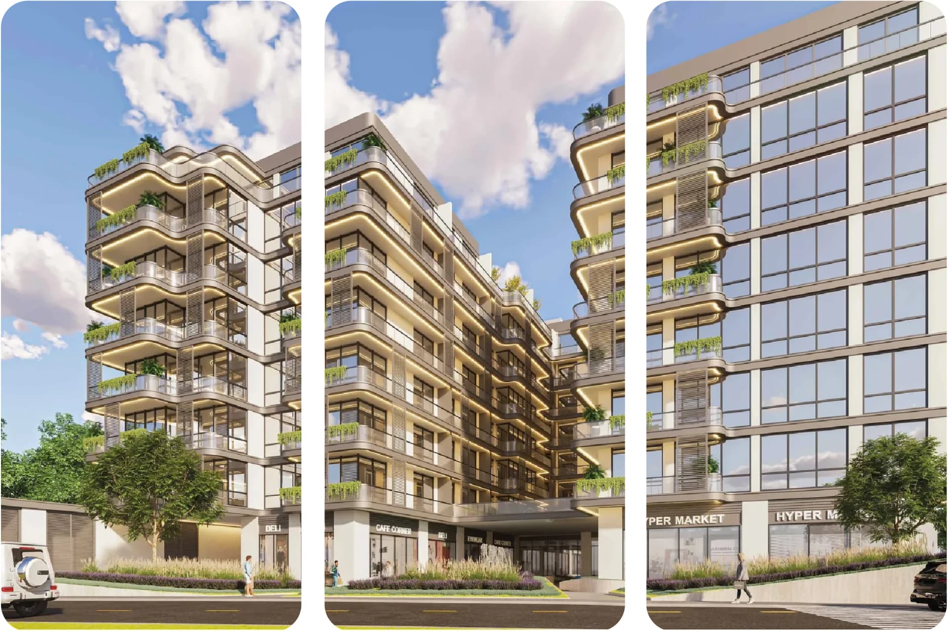 Contemporary apartment building with retail spaces and balconies