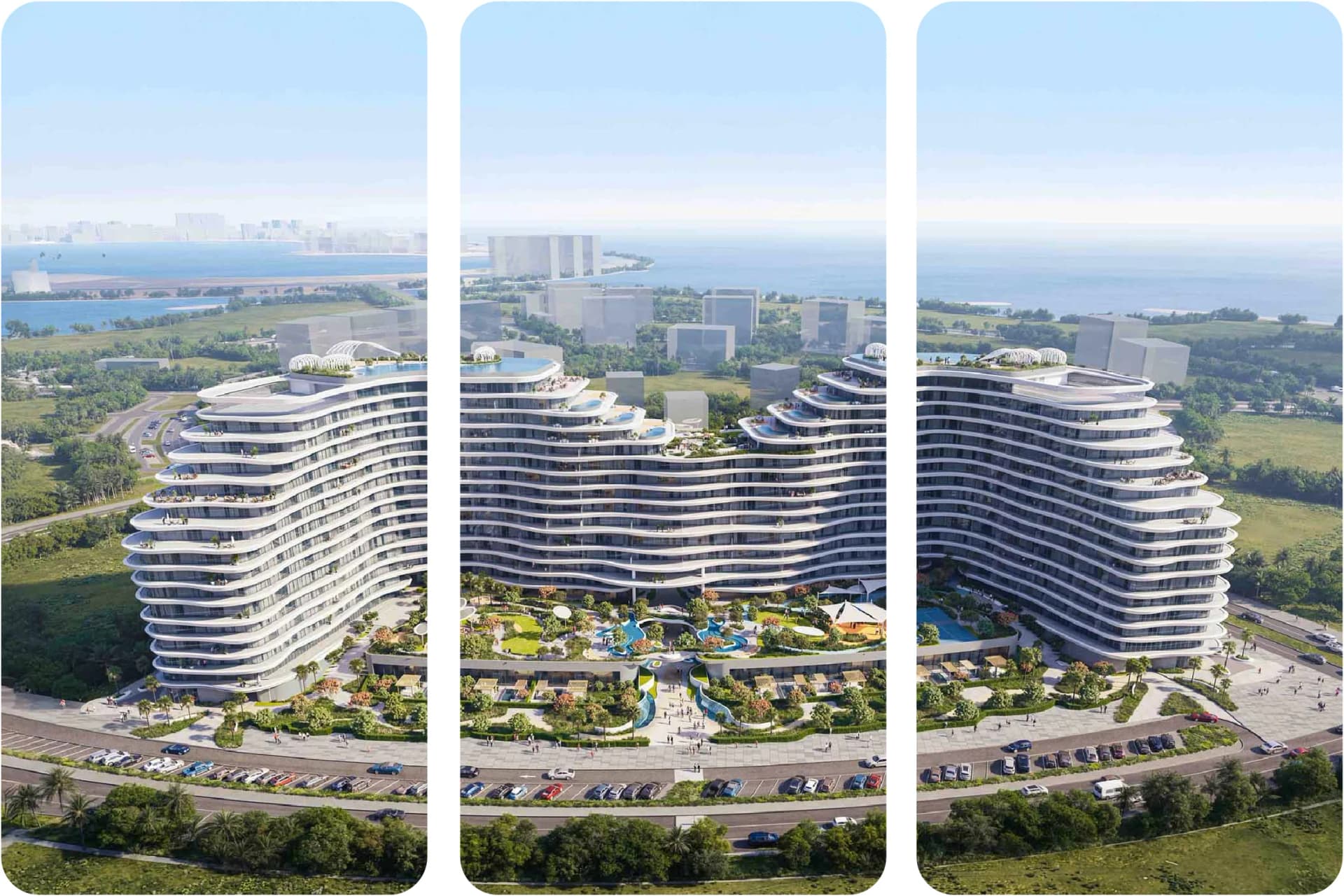 Modern architectural towers with scenic ocean views