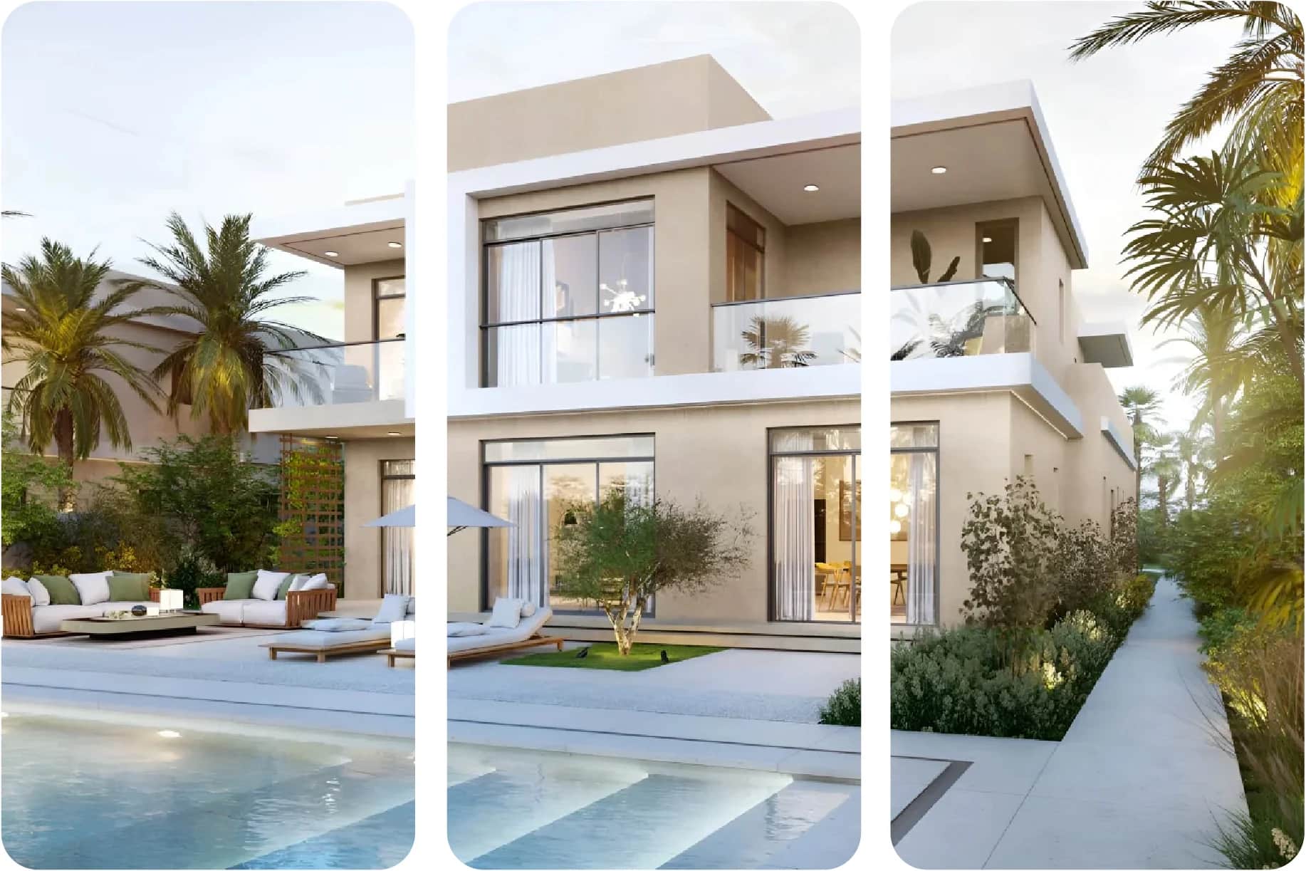 Exterior view of a luxurious villa with pool and lounge area