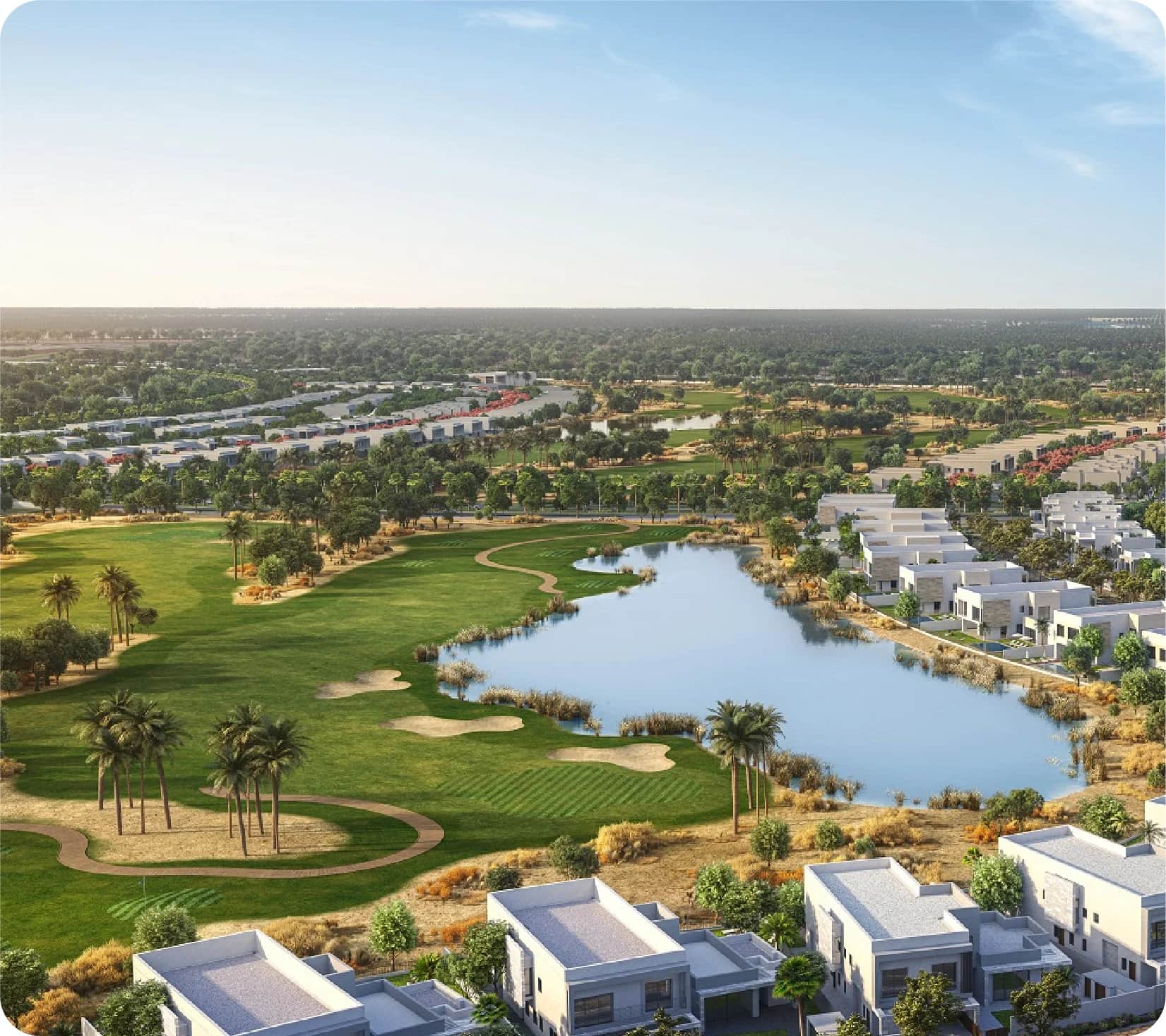 Aerial view of golf course and residential area