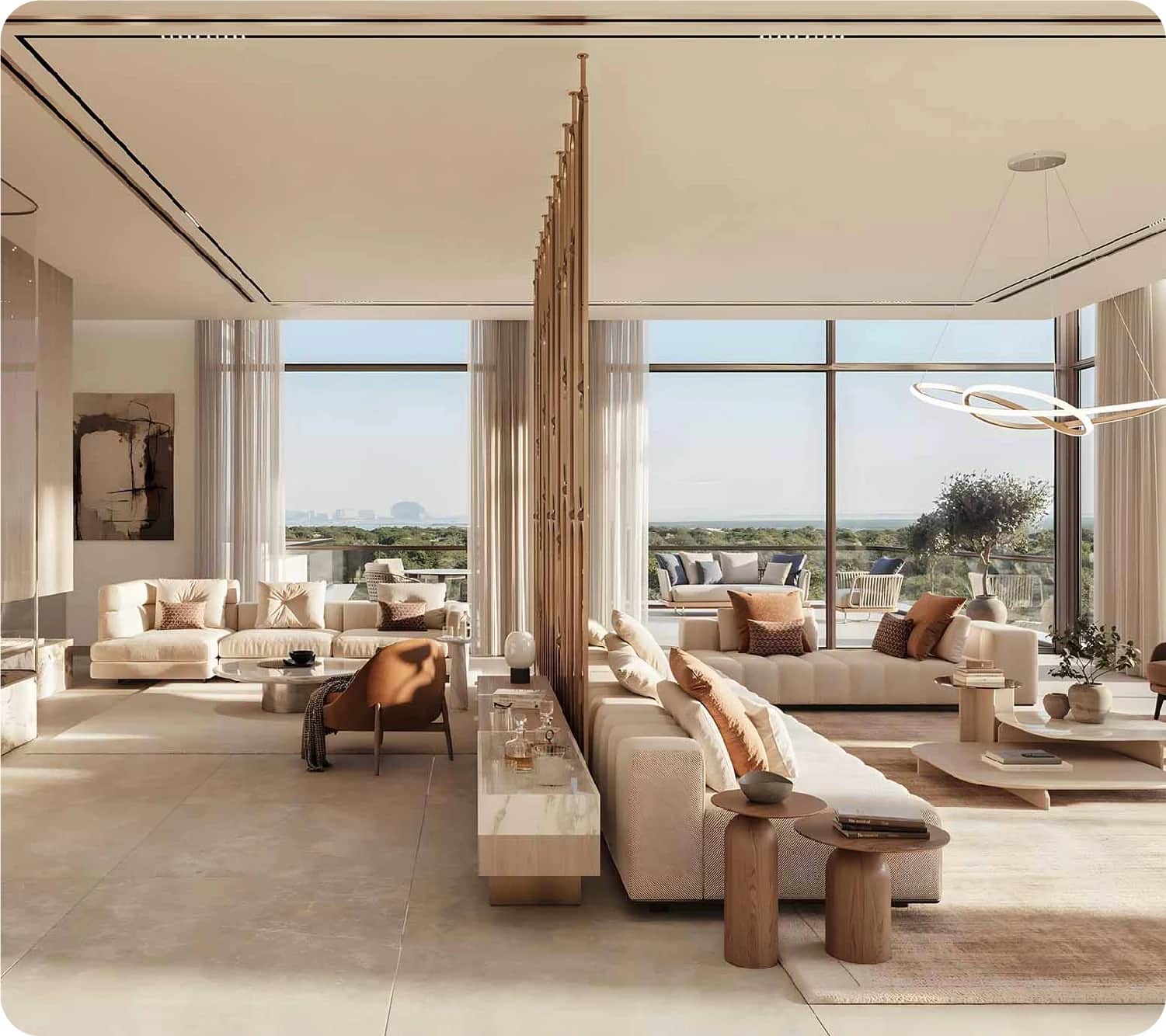 A bright, modern living room with large windows and neutral tones