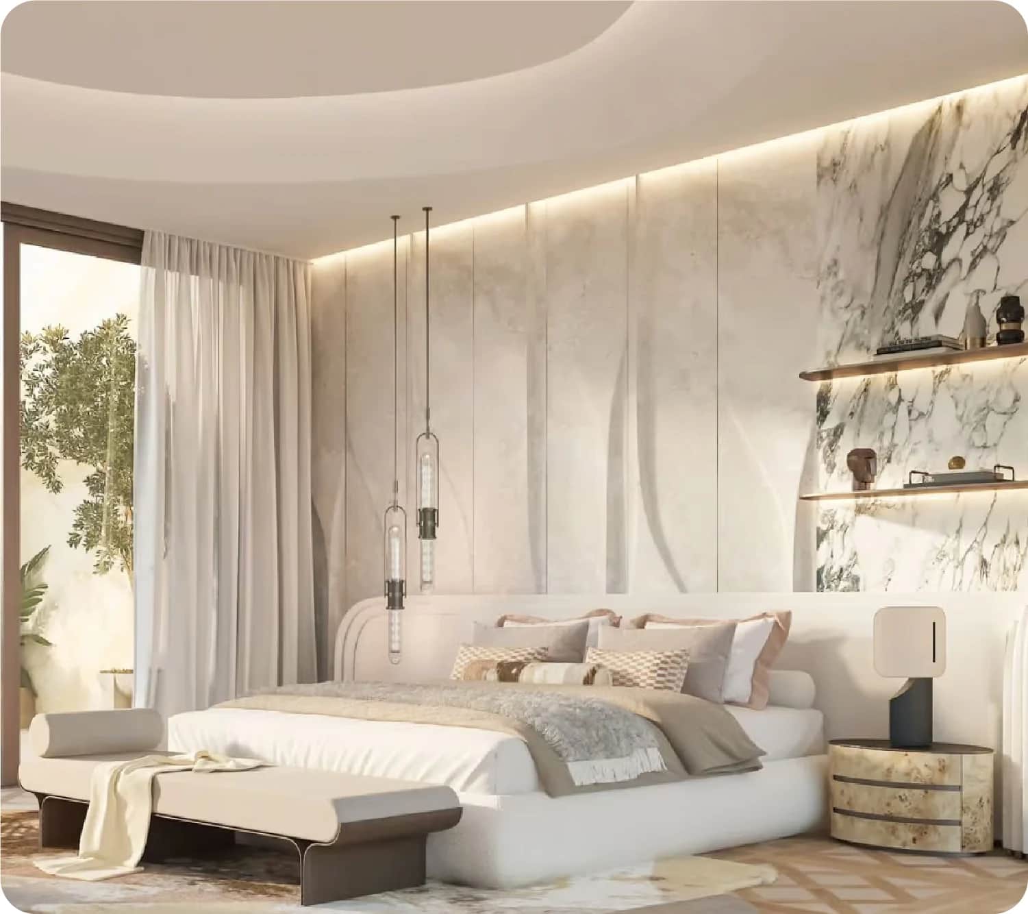 Modern bedroom with marble walls, cozy bed, and stylish decor