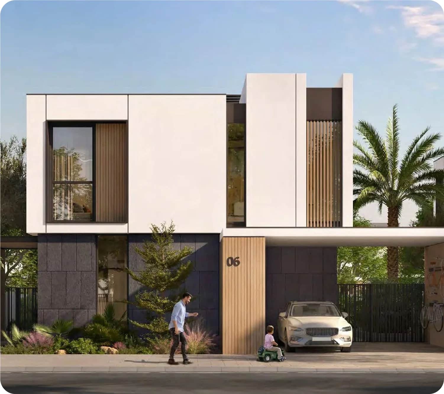 Modern villa with white car, man, and child