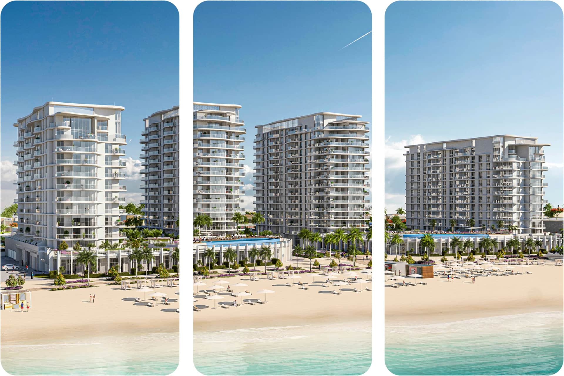 Modern beachfront residential towers with amenities