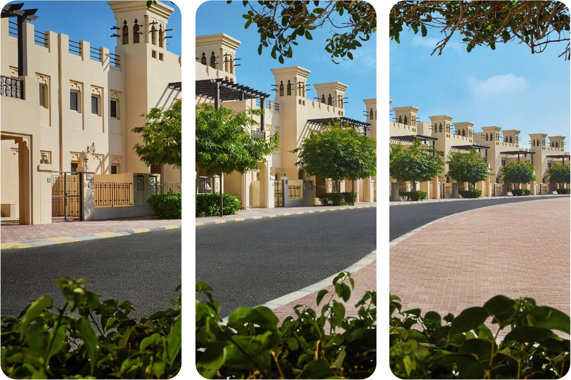 Wide street view with Mediterranean-style townhouses
