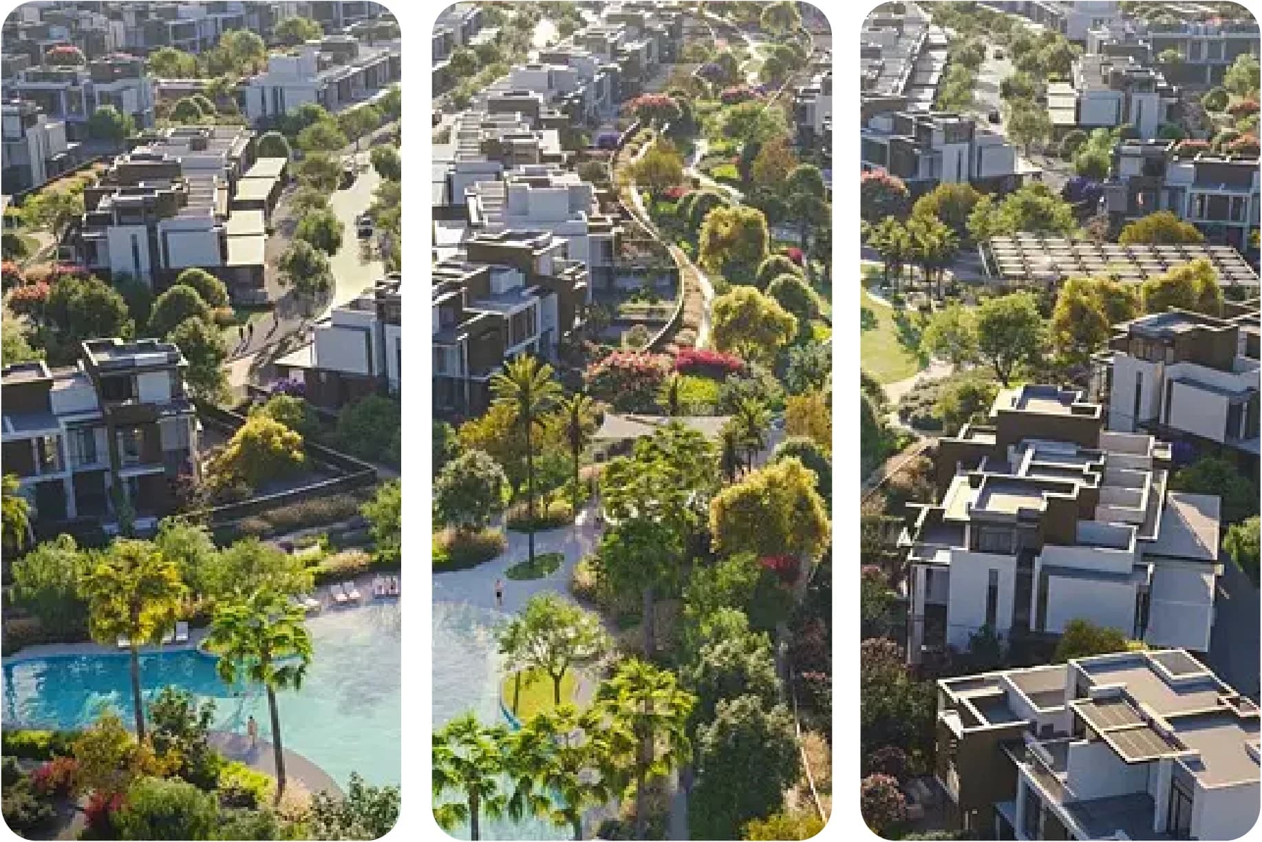 Aerial view of a luxury residential community with pools and greenery
