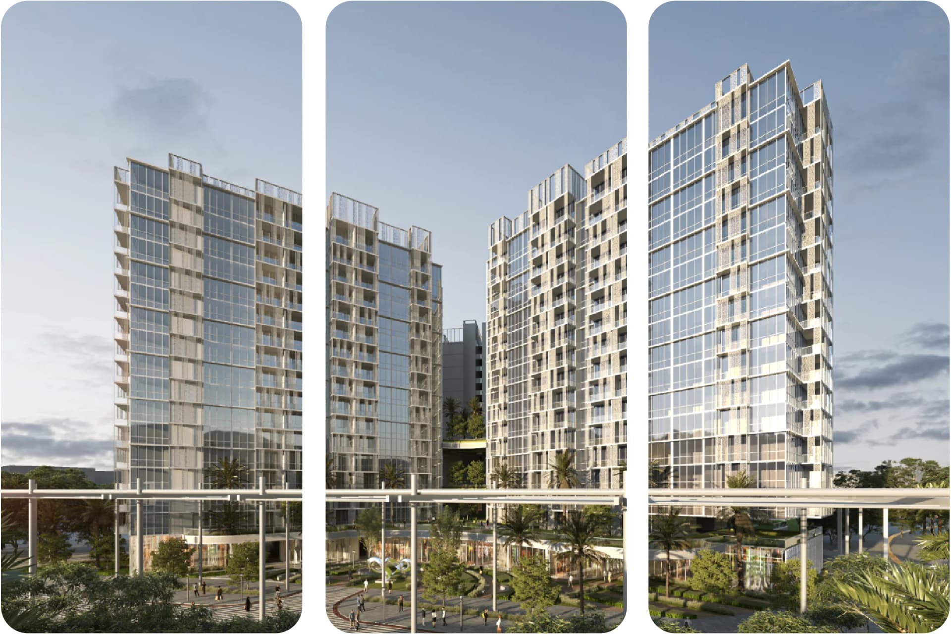 Stylish high-rise buildings with glass facades in a landscaped area