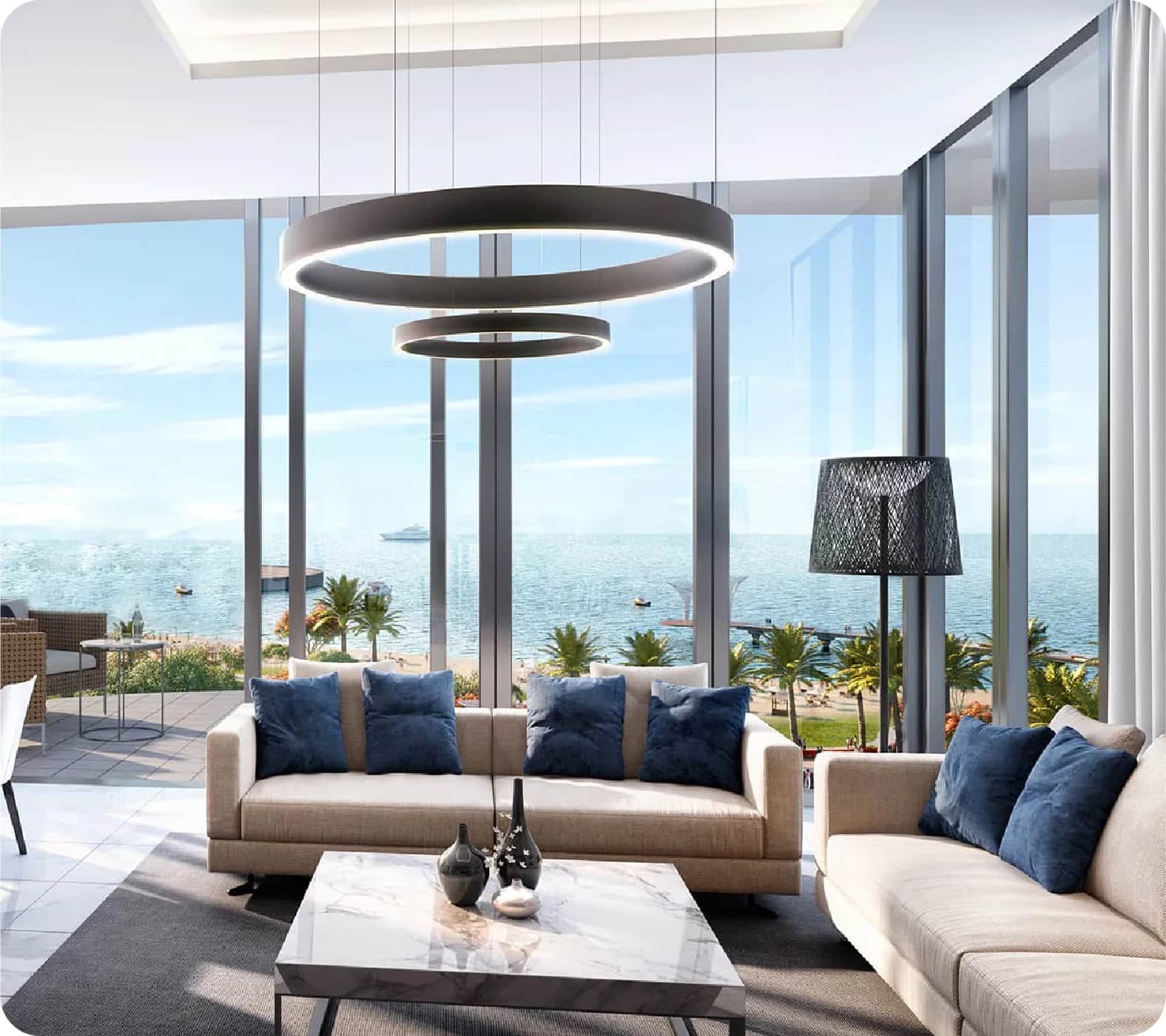 Luxury apartment living room with beach view and modern design