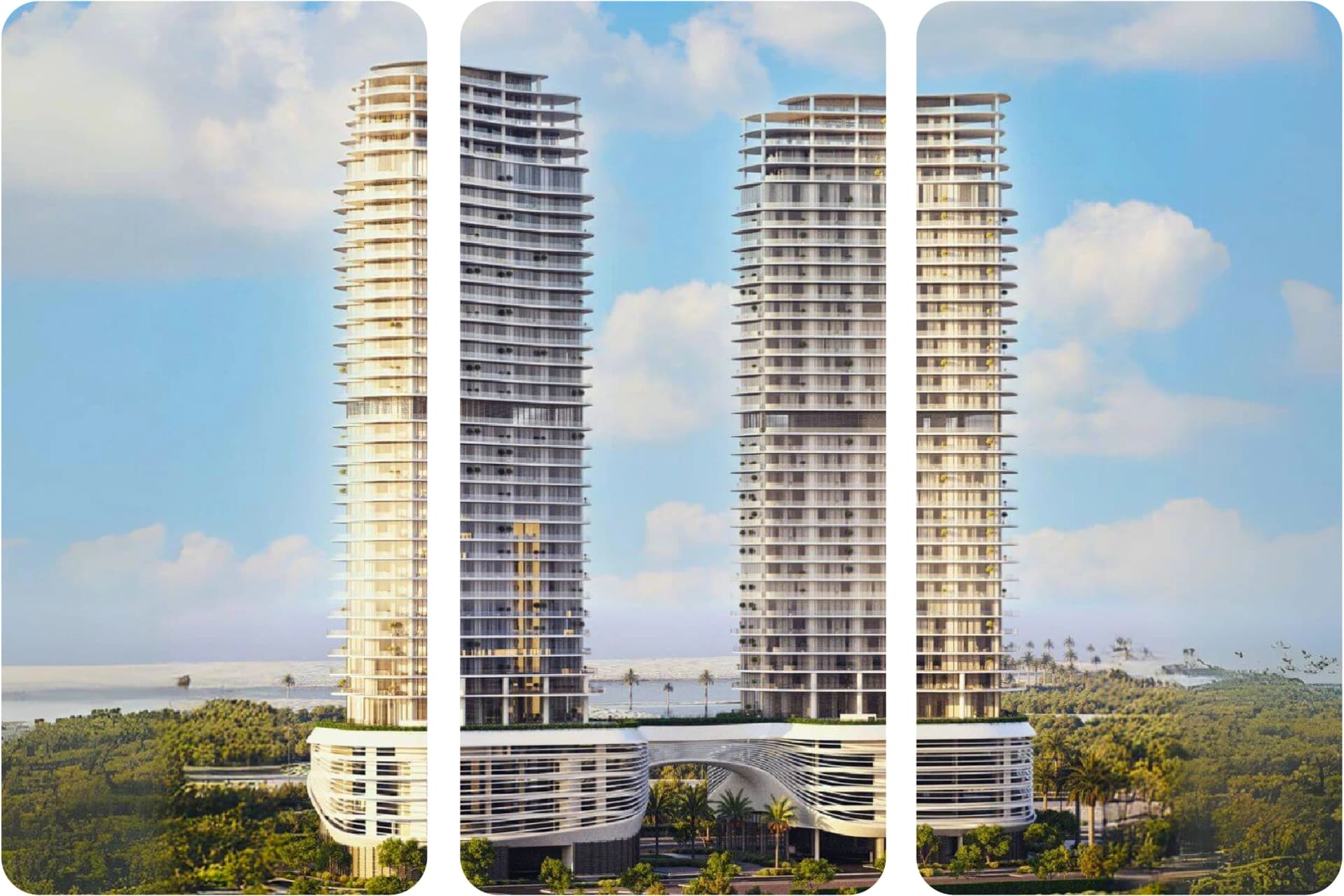 Luxury twin towers with modern architecture and ocean view