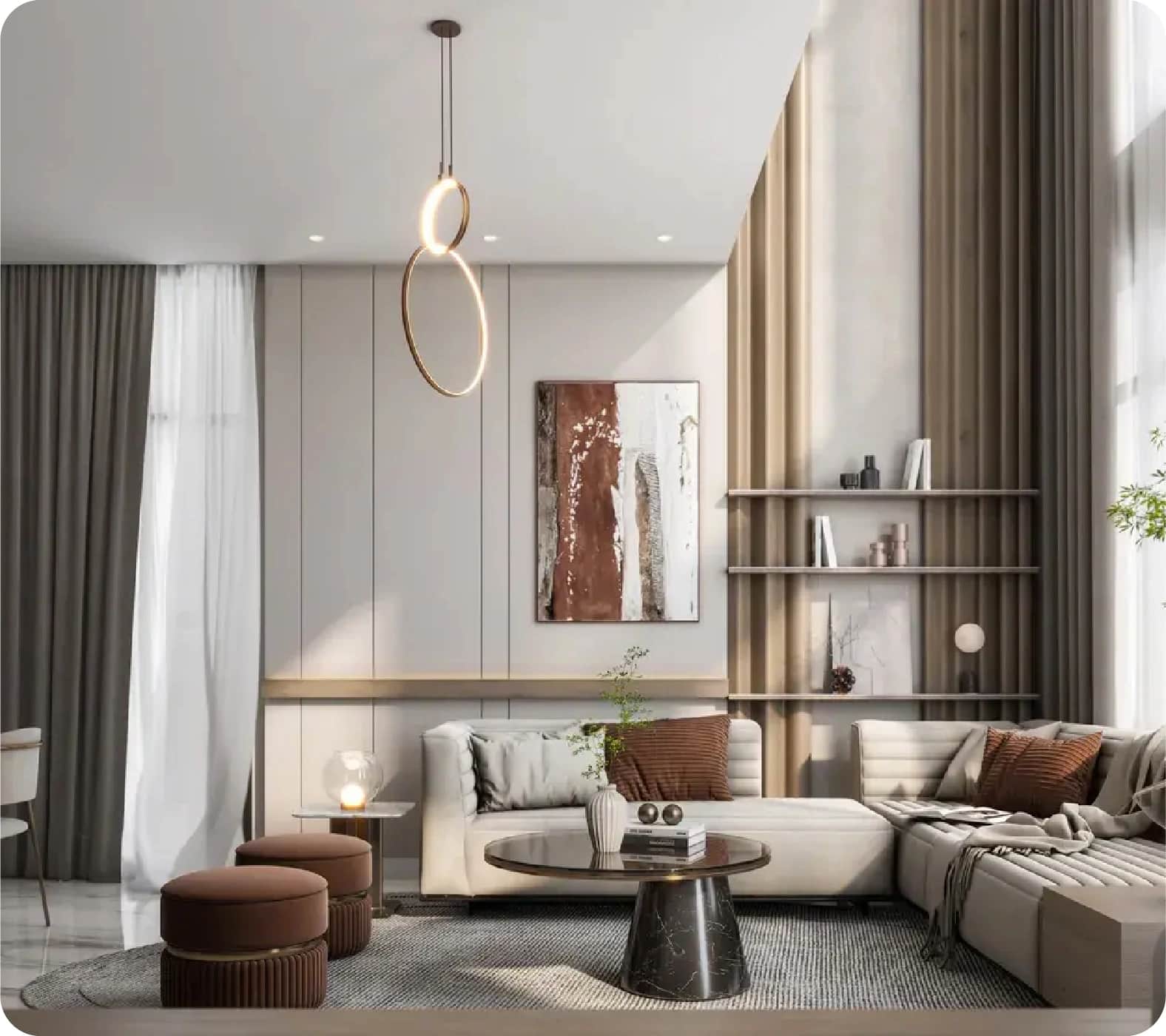 Modern living room with neutral tones and elegant decor