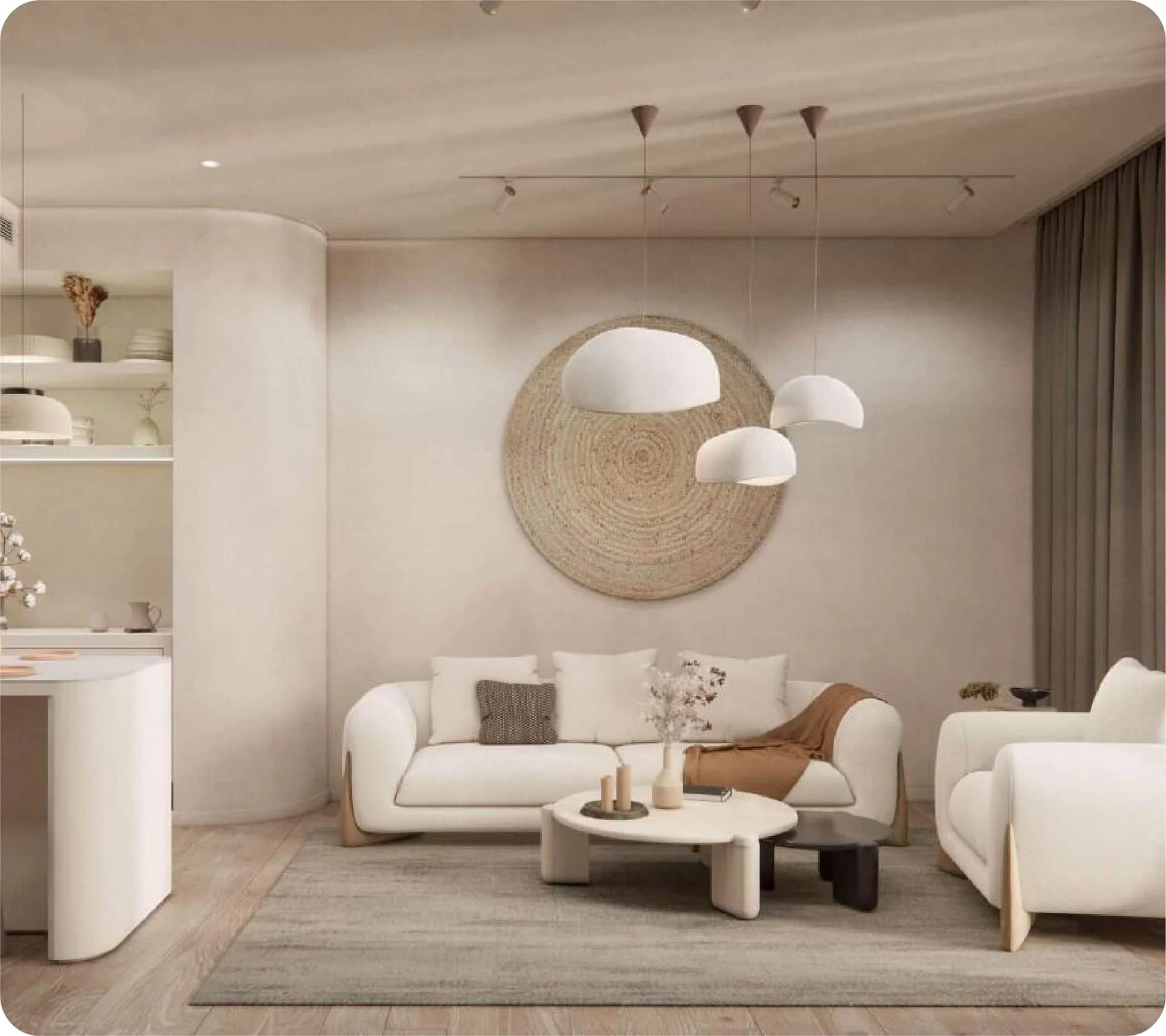 Modern living room with soft neutral tones and stylish decor