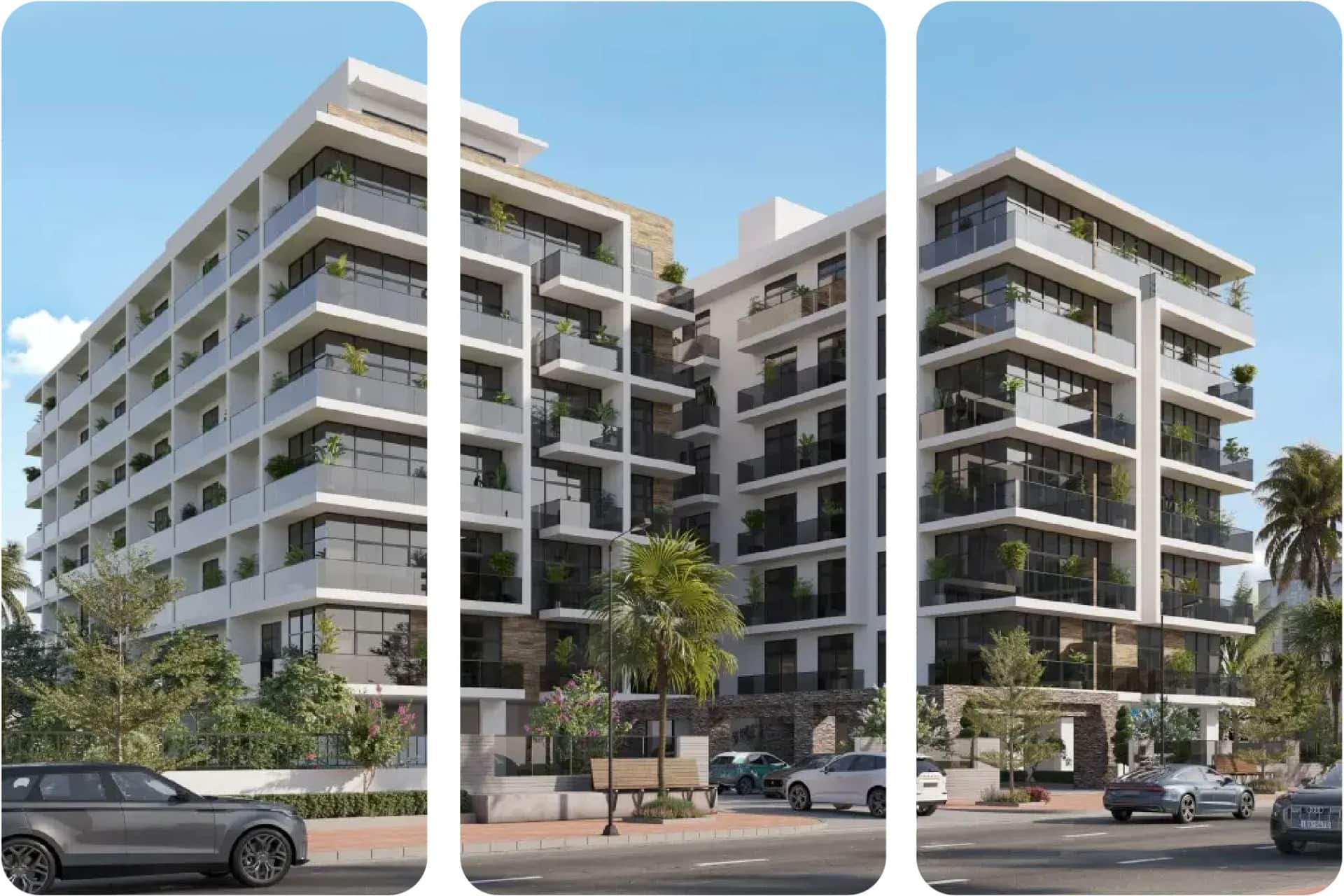 Modern residential building with balconies and greenery
