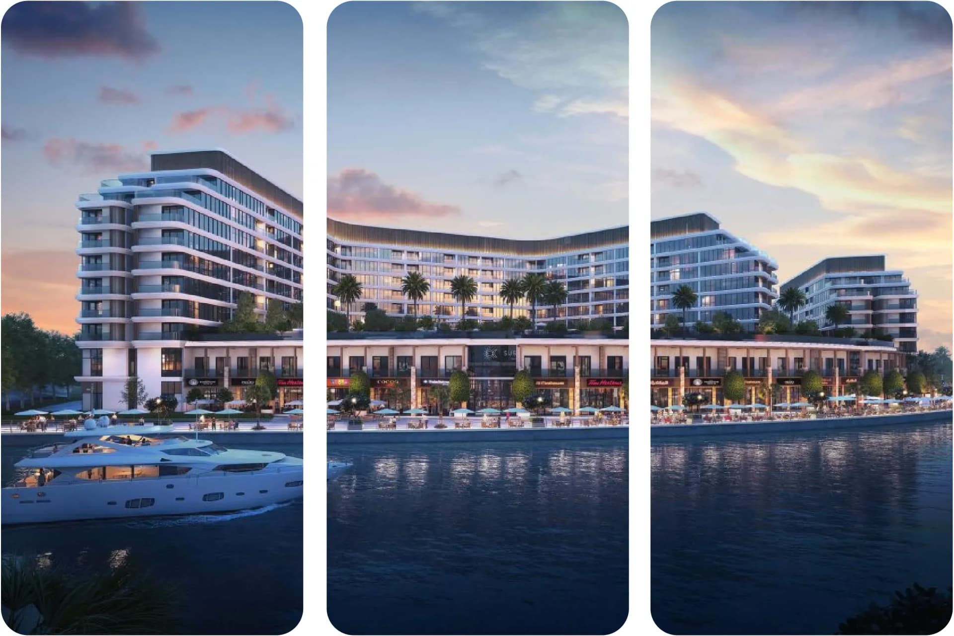 Luxury waterfront apartment building with marina