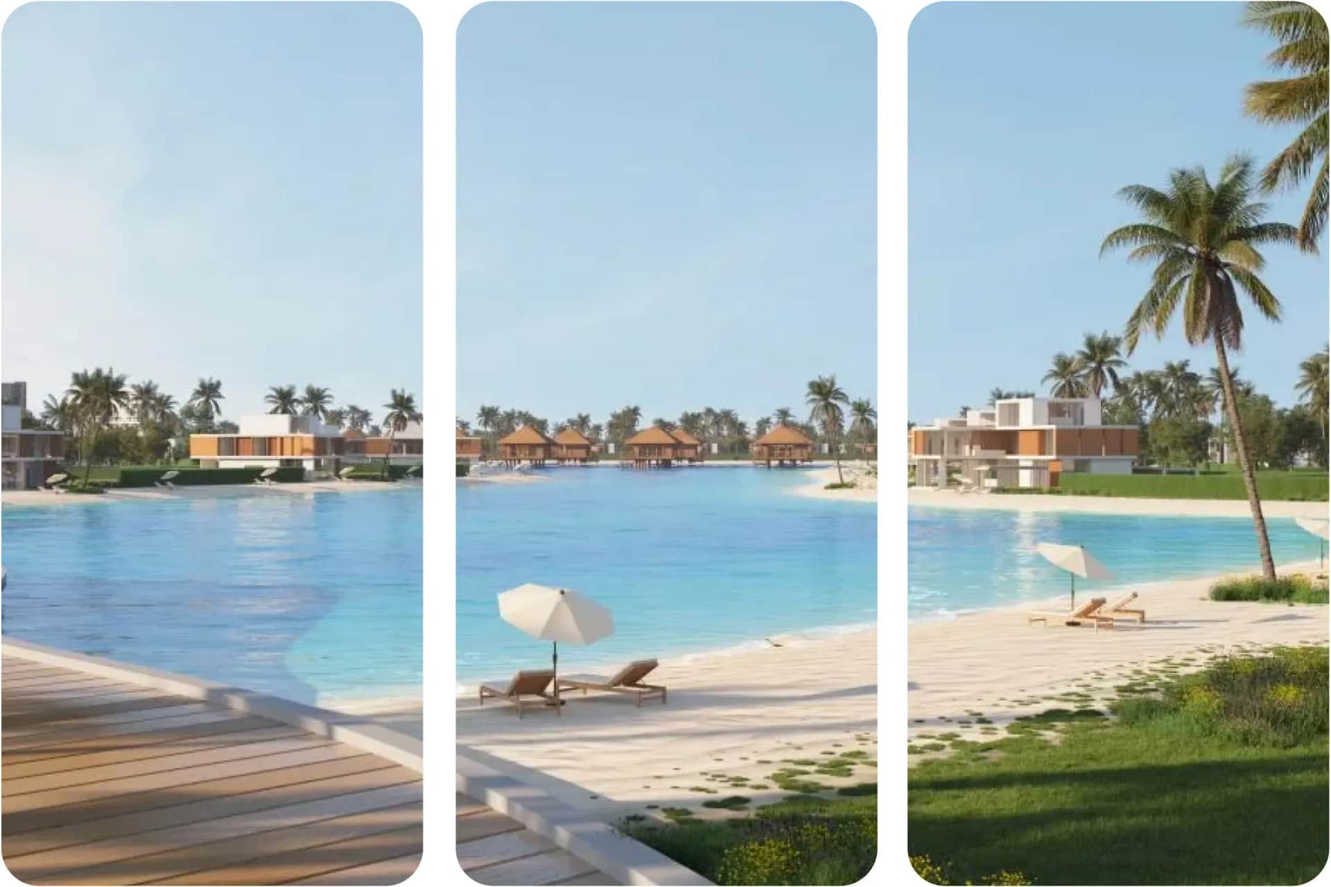 Beachfront homes with clear blue water, palm trees and loungers