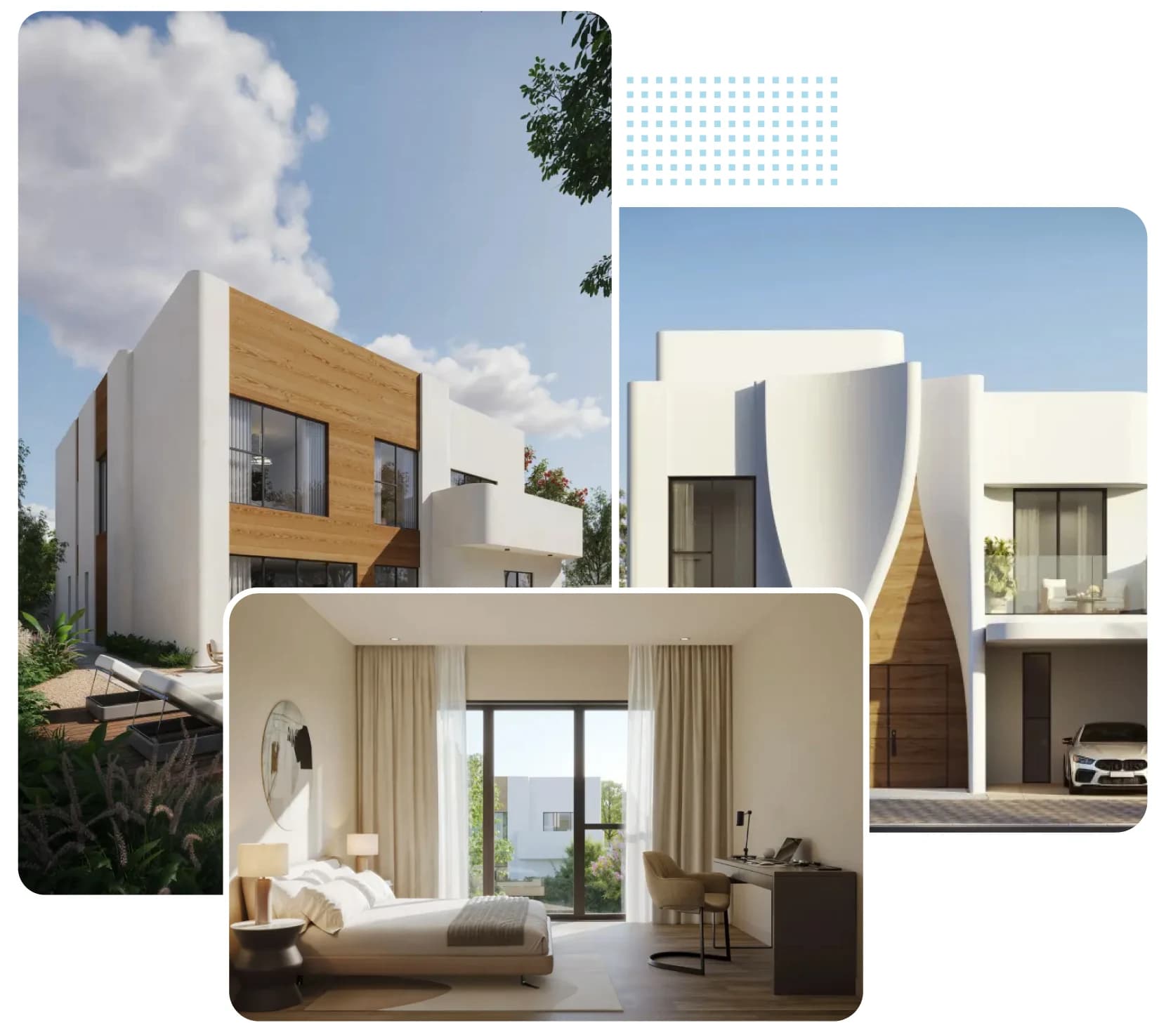 Modern villa exterior with wooden accents and balcony