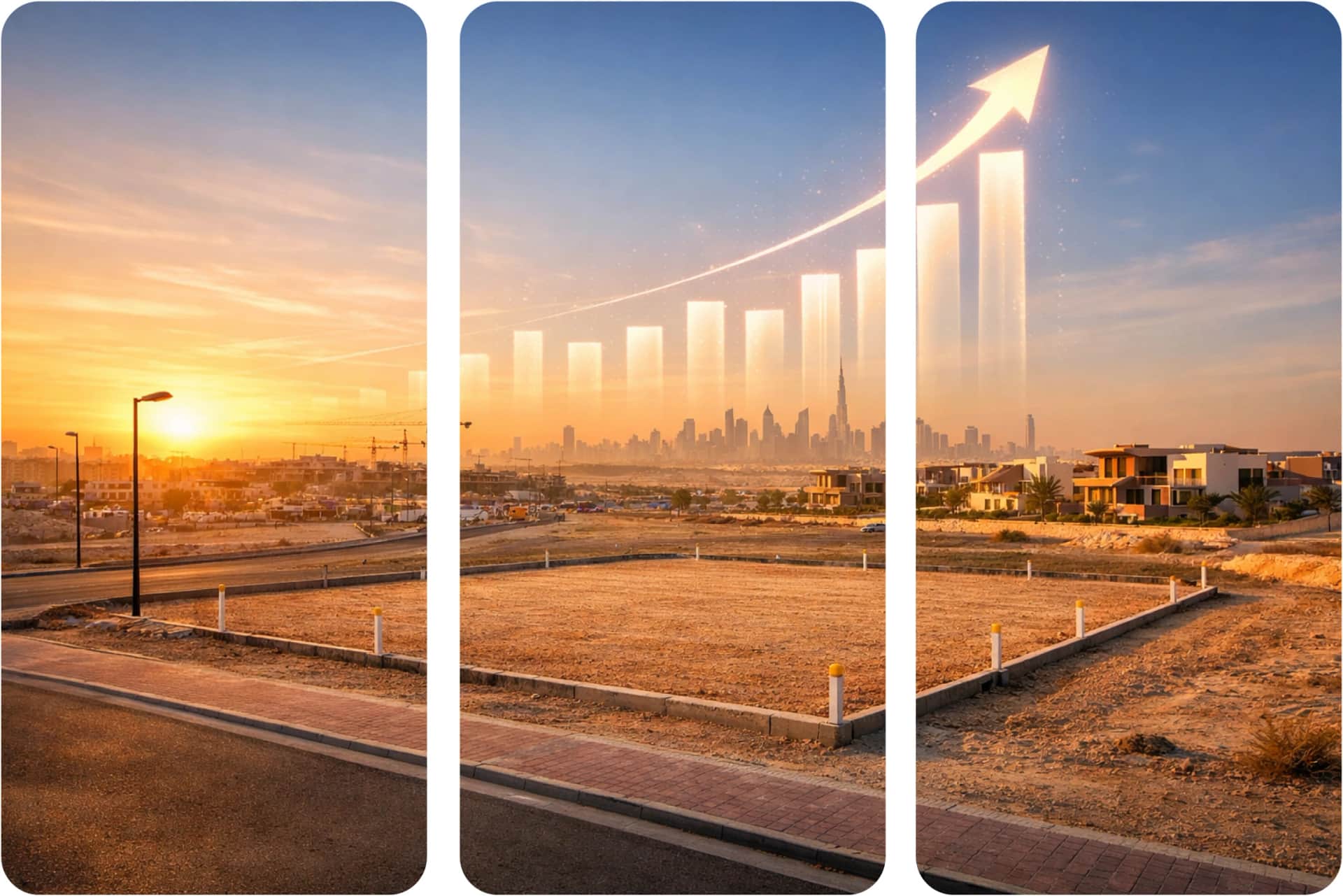 Dubai residential plot with skyline growth arrow