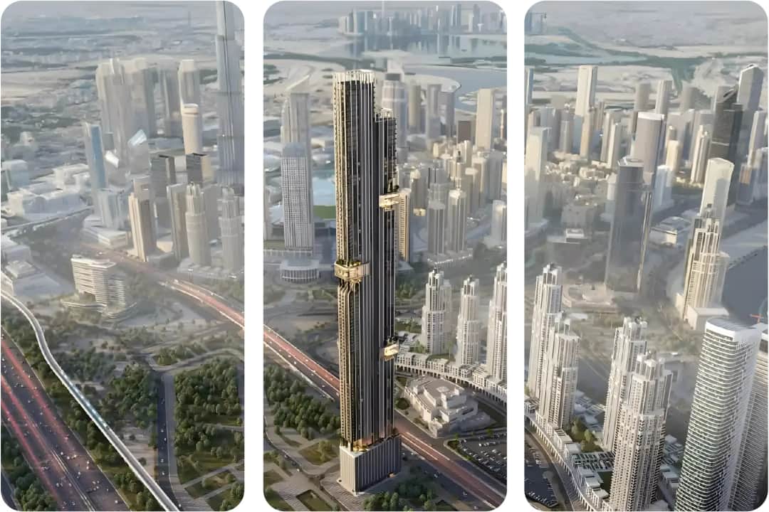 أفق مدينة مذهل مع برج خليفة والهندسة المعمارية الحديثة