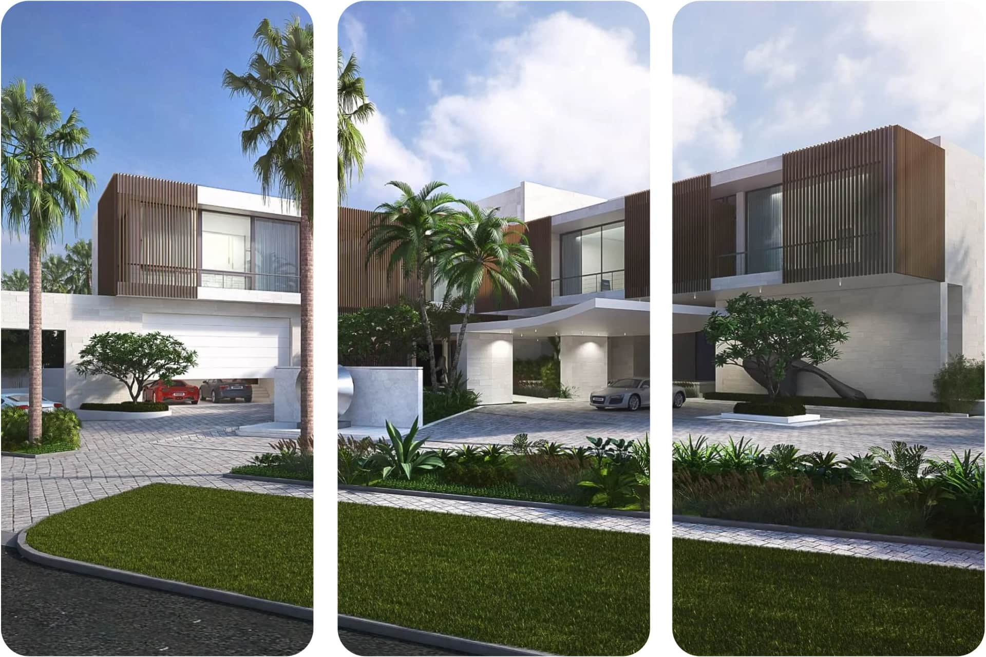 Modern luxury mansion with palm trees and sleek design