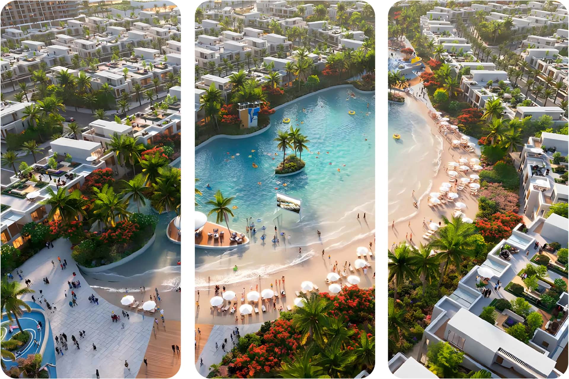 Beachfront view with palm trees, villas, and water
