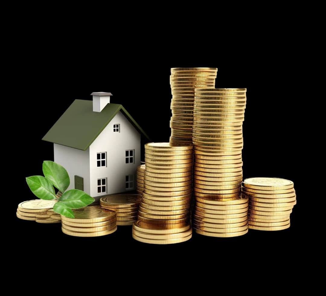 House model with stacked gold coins representing property investment